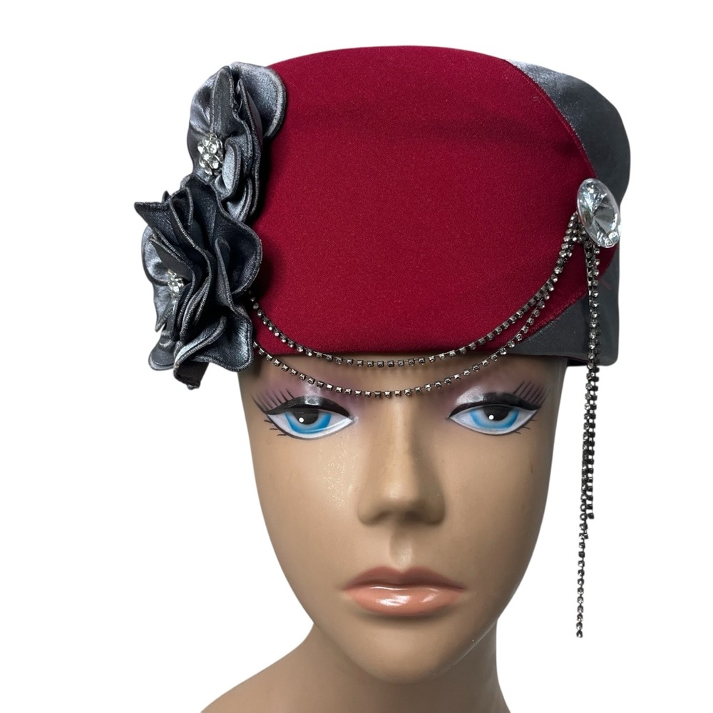 Lisa Rene Red Felt Satin Flower Chain Rhinestone Pillbox-Style Hat - Picture 3 of 15